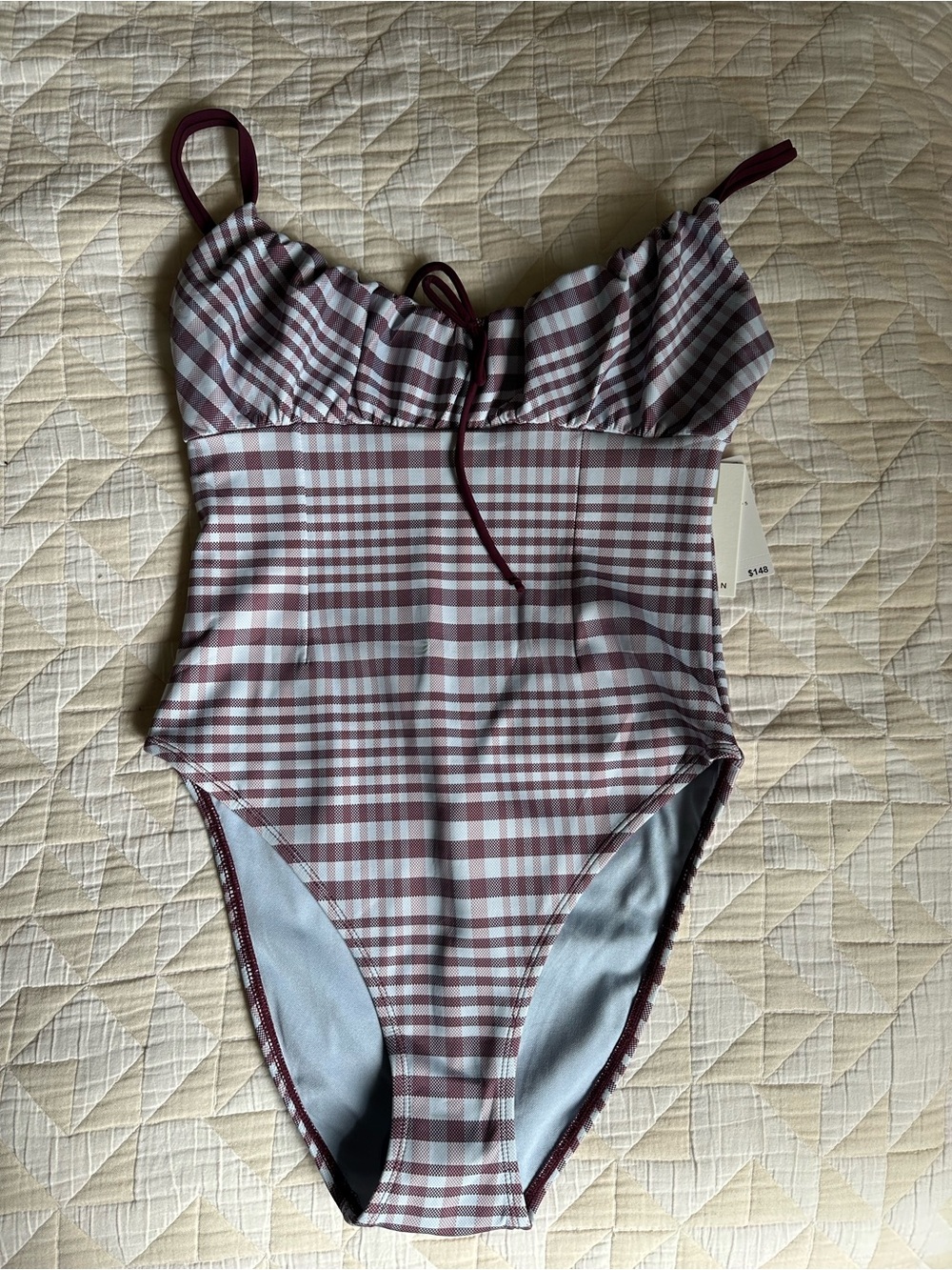 Good American Burgundy and White Gingham One-Piece Swimsuit